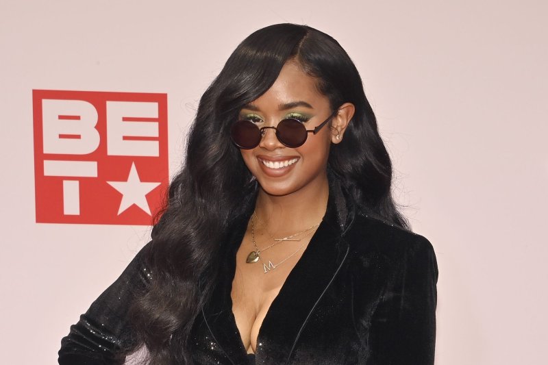 H.E.R. arrives for the BET Awards n Los Angeles in June 2021. She is singing on as a producer for the Broadway musical "Here Lies Love" about the life of Imelda Marcos. File Photo by Jim Ruymen/UPI