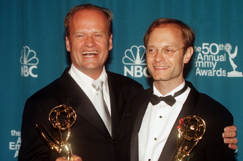 Kelsey Grammer (L) and David Hyde Pierce pose after being awarded outstanding lead actor and supporting actor respectively in a comedy series for "Frasier" on September 13, 1998, at the 50th annual Emmy Awards telecast at the Shrine Audiorium in Los Angeles. On September 16, 1993, "Frasier" debuted on NBC. File Photo by Jim Ruymen/UPI