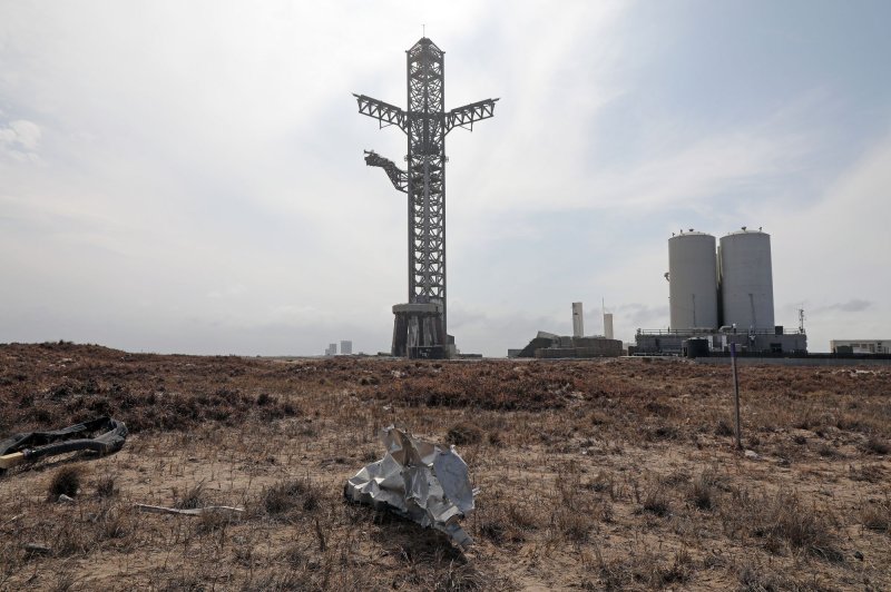 Debris sits in area around the Space X Starship launch pad, in Boca Chica, Texas on Saturday. Starship exploded shortly after takeoff on April 20. U.S. Fish and Wildlife said Wednesday that the debris covered 350 acres. Photo by Thom Baur/UPI