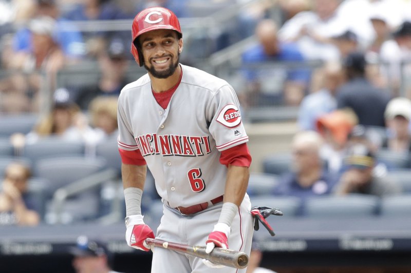 Cincinnati Reds Billy Hamilton reacts after a swing in the 6th inning against the New York Yankees at Yankee Stadium in New York City on July 26, 2017. File photo by John Angelillo/UPI