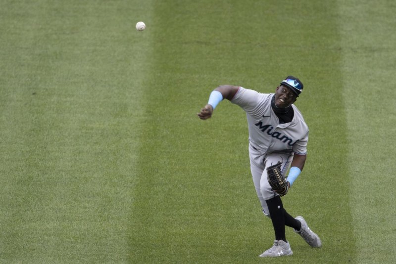 Miami Marlins outfielder Jesus Sanchez went 1 for 3 with an RBI and a run scored in a loss to the Colorado Rockies on Monday in Denver. File Photo by Tasos Katopodis/UPI