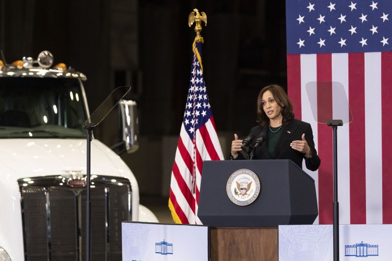 Vice President Kamala Harris and the U.S. Department of Energy on Monday announced $200 million in initiatives aimed at reducing vehicle emissions. Photo by Justin Lane/UPI