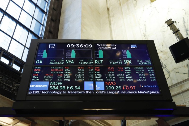 A board on the floor of the New York Stock Exchange after the opening bell on January 12. The Labor Department said Tuesday that consumer prices jumped 8.5% in March from a year ago. File Photo by John Angelillo/UPI