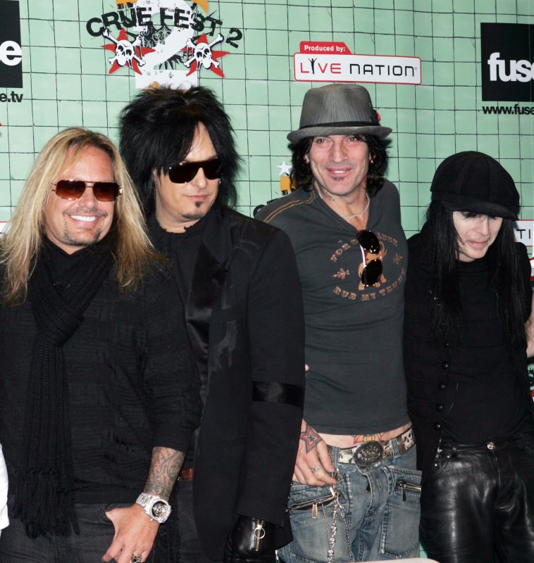 Motley Crue (L-R) Vince Neil, Nikki Sixx, Tommy Lee and Mick Mars attend press conference to announce their "Crue Fest 2" line up at Fuse Studios in New York on March 16, 2009. (UPI Photo/Laura Cavanaugh)