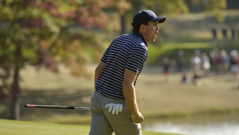Team USA's Keegan Bradley reacts after he and teammate Phil Mickelson won their match against Team Europe's Luke Donald of England and Lee Westwood of England with a score of 7 and 6 at the 39th Ryder Cup at Medinah Country Club on September 29, 2012 in Medinah, Illinois. UPI/Brian Kersey