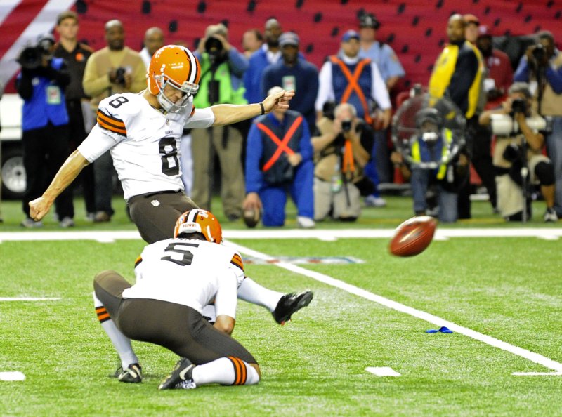 Cleveland Browns kicker Billy Cundiff (8) kicks a 37-yard field goal to win the game 26-24 over the Atlanta Falcons as time expires during the second half of their NFL game at the Georgia Dome in Atlanta on November 23, 2014. UPI/David Tulis