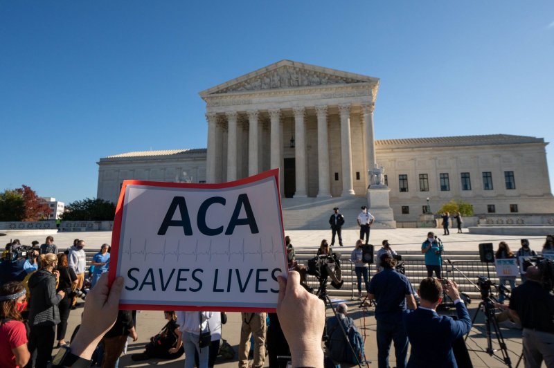 Demonstrators support the Affordable Care Act in front of the Supreme Court building in Washington, D.C., on November 10, 2020. File Photo by Ken Cedeno/UPI
