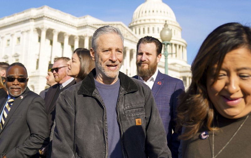 Jon Stewart participates in a press event to highlight the PACT Act at the U.S. Capitol on March 2. The TV personality turns 60 on November 28. File Photo by Leigh Vogel/UPI