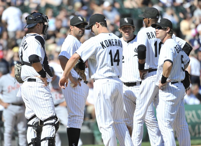 Chicago White Sox's A. J. Pierzynski (L-R), manager Ozzie Guillen, Paul Konerko, Brent Morel, Alexei Ramirez and Gordon Beckham stand on the mound during a pitching change in the eighth inning against the Detroit Tigers at U.S. Cellular Field on June 5, 2011 in Chicago. The Tigers won 7-3. UPI/Brian Kersey