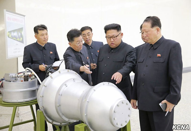 A television grab from North Korea's state television channel shows North Korean leader Kim Jong-un inspecting a 'nuclear' warhead near Pyongyang, North Korea on September 3, 2017. The U.S. called for the U.N. Security counsel to hold a vote Monday on increased sanctions against North Korea after its recent nuclear test. Photo by Stephen Shaver/UPI | <a href="/News_Photos/lp/2bdfdf482dbd2d88eeae446d503cf1c9/" target="_blank">License Photo</a>