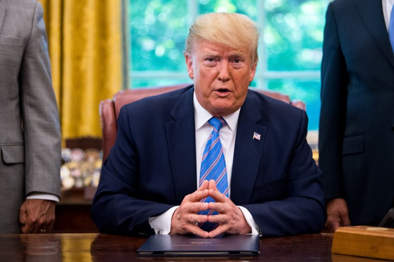 President Donald Trump's statement is at odds with the Justice Department's announcement Tuesday that it began printing the 2020 Census documents. Photo by Kevin Dietsch/UPI | <a href="/News_Photos/lp/05ba2cb1ec35a8223844b28267a39678/" target="_blank">License Photo</a>
