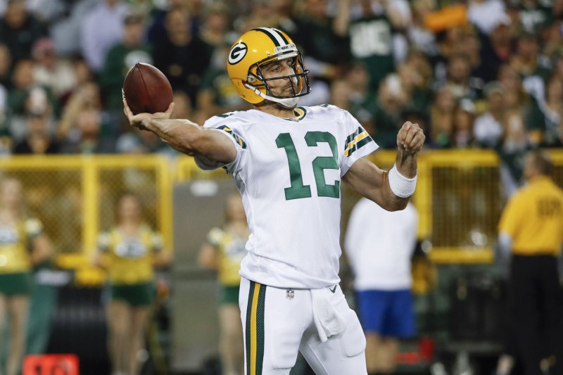 Green Bay Packers quarterback Aaron Rodgers (12) looks to pass the ball against the Chicago Bears during the first half on September 28, 2017 at Lambeau Field in Green Bay. Photo by Kamil Krzaczynski/UPI