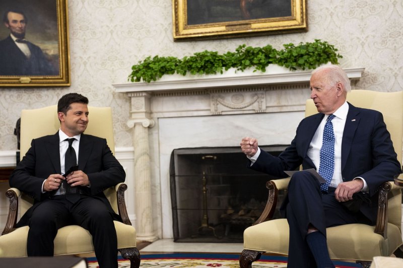 President Joe Biden (R) told Ukrainian President Volodymyr Zelensky over the phone Sunday that the United States supports his country's sovereignty and territorial integrity. File Pool Photo by Doug Mills/UPI | <a href="/News_Photos/lp/7cae8d7c0ccf05e31b8b196799a0929e/" target="_blank">License Photo</a>
