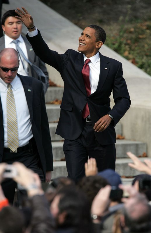 Democratic presidential nominee Sen. Barack Obama (D-IL) walks out to greet the crowd at a campaign rally on the American Legion Mall in Indianapolis, on October 23, 2008. (UPI Photo/Mark Cowan)