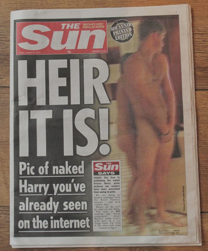 Nude photos of Britain's Prince Harry are published in today's Sun newspaper after his sexual exploits in a Las Vegas hotel room emerged on August 24, 2012 in London. UPI/Hugo Philpott