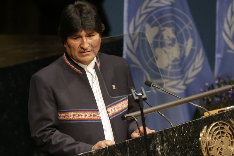 Bolivian President Evo Morales, seen here addressing the United Nations in April, said he and his emergency Cabinet declared a national emergency due to a water shortage caused by climate change. The declaration allows local and state governments to unlock additional funds to deal with water shortages. File Photo by John Angelillo/UPI