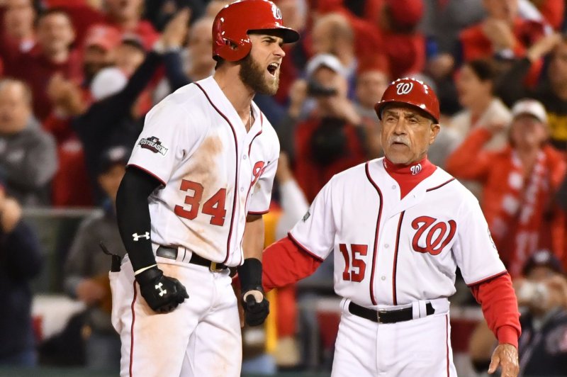 Washington Nationals Bryce Harper celebrates a seventh inning single against the Los Angeles Dodgers in game 5 of the National League Division Series at Nationals Park on October 13, 2016. File photo by Kevin Dietsch/UPI
