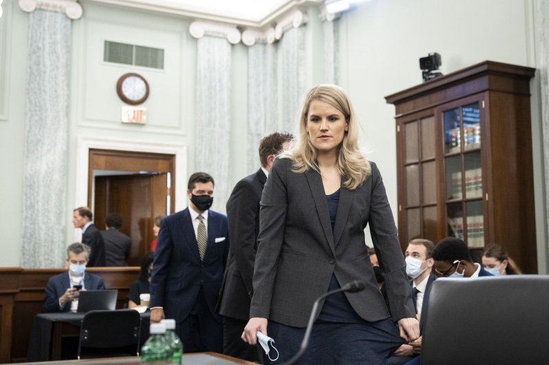 Former Facebook data scientist Frances Haugen arrives for a Senate commerce committee hearing on Capitol Hill in Washington, D.C., on October 5. Pool Photo by Drew Angerer/UPI | <a href="/News_Photos/lp/2979e1402bb9dcbedde7f07b711fcdb5/" target="_blank">License Photo</a>