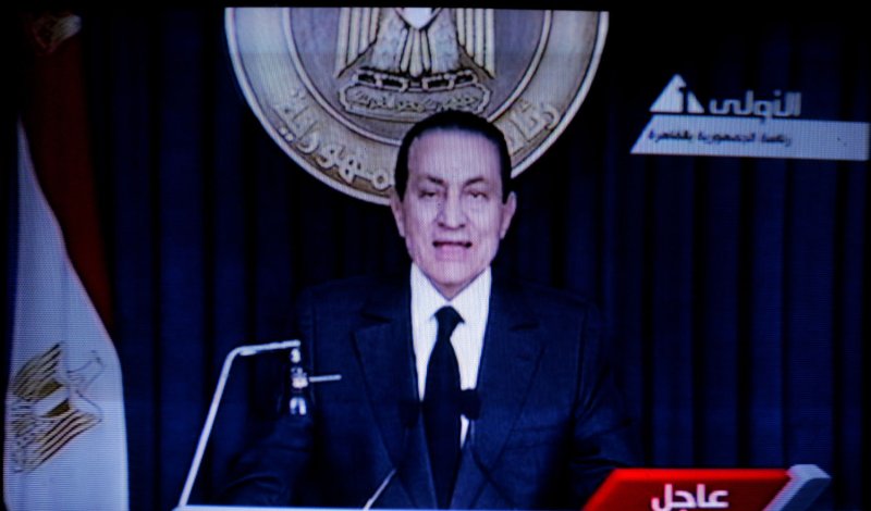 An image grab taken from Egyptian state television Al-Masriya shows Egypt's President Hosni Mubarak speaking to the nation in Cairo, on February 10, 2011. UPI/Ismael Mohamad