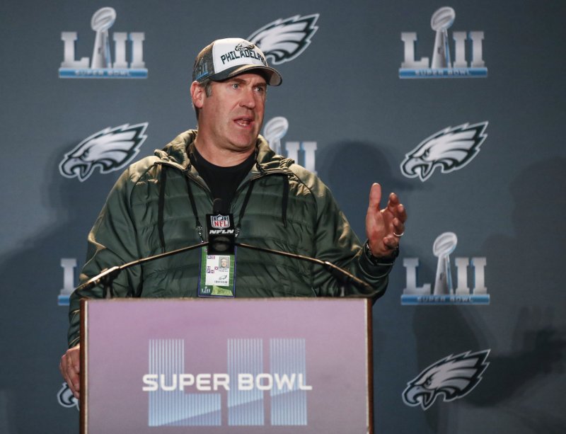 Philadelphia Eagles coach Doug Pederson speaks to the media at the Super Bowl LII press conference at the Mall of America in Bloomington, Minn., on Tuesday. Photo by Kamil Krzaczynski/UPI