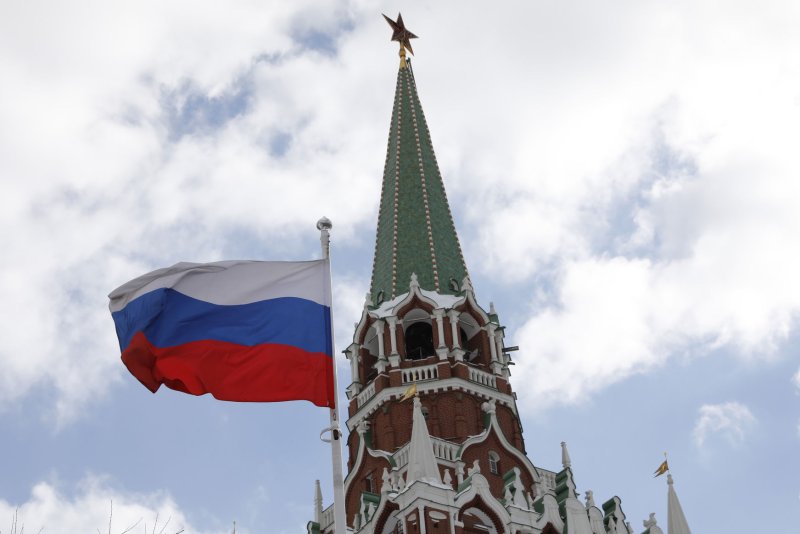 The Russian flag is seen near the Kremlin in Moscow, Russia. File Photo by Yuri Gripas/UPI