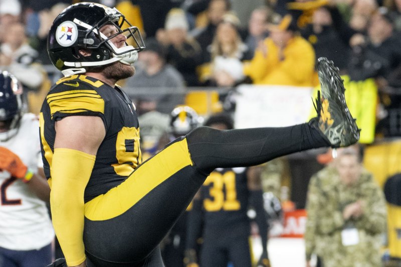 Pittsburgh Steelers outside linebacker T.J. Watt (pictured) celebrates a sack of Chicago Bears quarterback Justin Fields on Monday at Heinz Field in Pittsburgh. Photo by Archie Carpenter/UPI