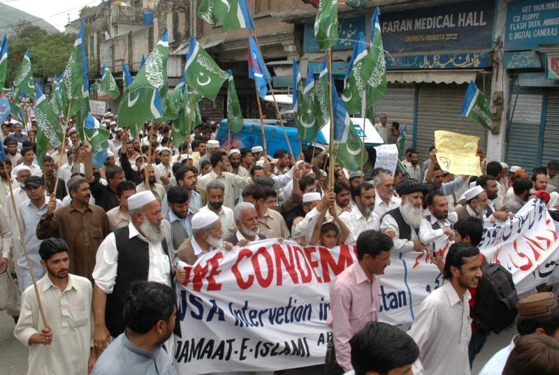 Supporters of a Pakistani religious group Jamaat-e-Islami attend an anti American rally in Abbottabad, Pakistan, on May 6, 2011. Osama bin Laden was killed by a U.S. special forces in a secret operation on Monday, in a house in Abbottabad. UPI/Sajjad Ali Qureshi