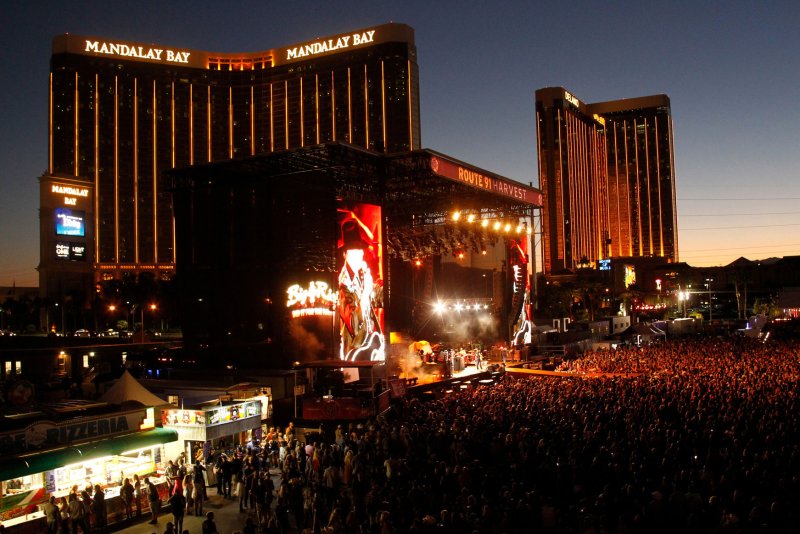On October 1, 2017, a gunman on the 32nd floor of the Mandalay Bay Resort and Casino in Las Vegas opened fire on a crowd attending a country music festival outside, killing 58 people and injuring hundreds of others. File Photo by James Atoa/UPI
