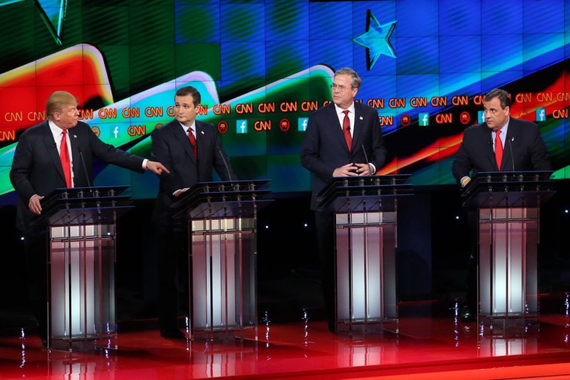 Donald Trump, Ted Cruz, Jeb Bush, Chris Christie and Rand Paul (L-R) participate in the fifth Republican presidential candidates' debate at the Venetian Hotel & Casino in Las Vegas, Nevada on December 15, 2015. The top 9 candidates squared off in the first-tiered debate on the main stage. Pool Photo by Ruth Fremson/UPI | <a href="/News_Photos/lp/a53133c9a9cf748b32857109c4243679/" target="_blank">License Photo</a>