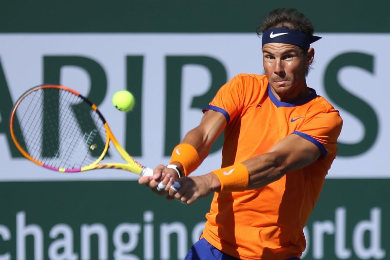 Rafael Nadal of Spain hits a shot during his men's final match against American Taylor Fritz at the BNP Paribas Open on Sunday in Indian Wells, Calif. Photo by David Silpa/UPI