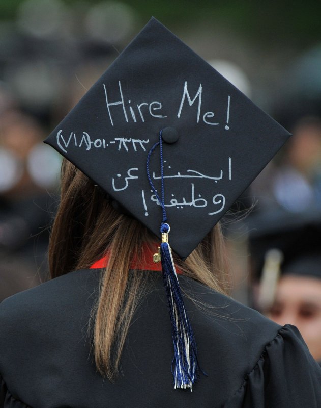 A graduate wears a decorated mortarboard at George Washington University's commencement ceremony in Washington on May 16, 2010. First Lady Michelle Obama delivered the commencement address. UPI/Kevin Dietsch
