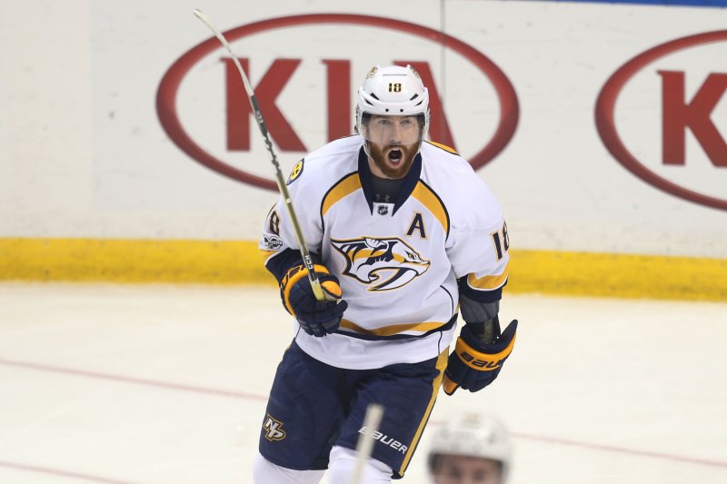 Nashville Predators' James Neal yells out as he skates to join teammates after scoring a goal. File photo by BIll Greenblatt/UPI