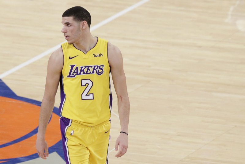 Los Angeles Lakers guard Lonzo Ball stands on the court in the first half against the New York Knicks on December 12 at Madison Square Garden in New York City. Photo by John Angelillo/UPI