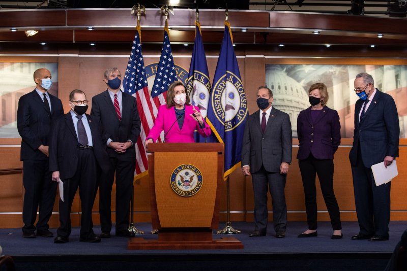 House Speaker Nancy Pelosi speaks on Thursday alongside fellow Democrats, including Senate Democratic leader Charles Schumer, at a press conference at the U.S. Capitol complex in Washington, D.C. Photo by Kevin Dietsch/UPI