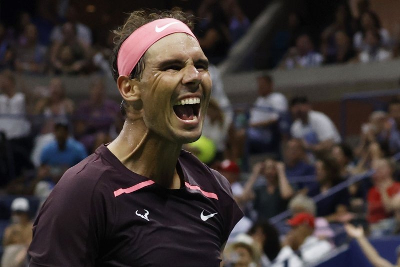 Rafael Nadal of Spain celebrates after match point and beating Rinky Hijikata of Australia on Tuesday at Arthur Ashe Stadium Stadium in Flushing, N.Y. Photo by John Angelillo/UPI | <a href="/News_Photos/lp/cd5a157985a786849041259468250184/" target="_blank">License Photo</a>