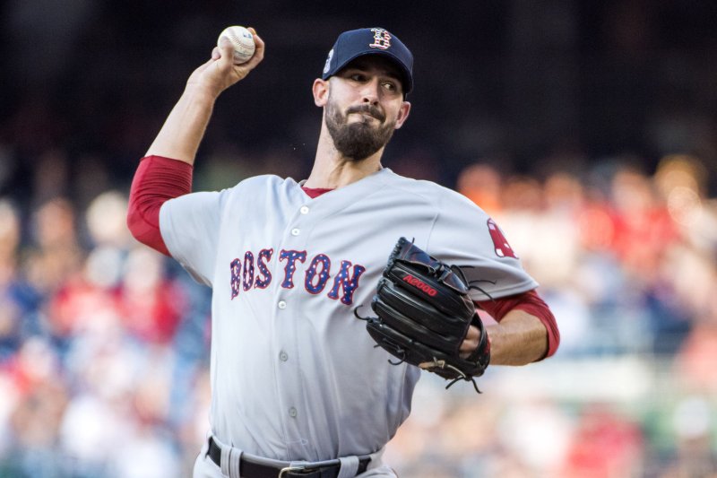 Boston Red Sox starting pitcher Rick Porcello pitches against the Washington Nationals in the first inning on July 2 at Nationals Park in Washington, D.C. Photo by Kevin Dietsch/UPI
