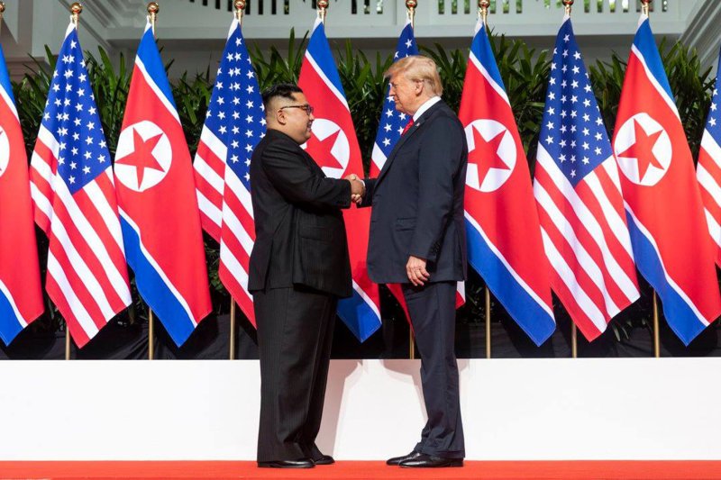 President Donald Trump shakes hands with North Korean leader Kim Jong Un on June 12, 2018, at Singapore's Capella Hotel in what is the first meeting between a sitting U.S. president and a North Korean leader. Photo by Shealah Craighead/UPI