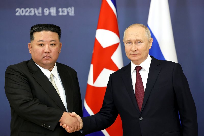 North Korean leader Kim Jong Un (L) invited Russian President Vladimir Putin to North Korea, state media reported Thursday. Photo by Kremlin Pool/UPI