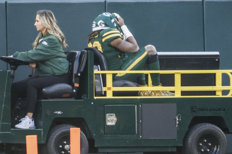 Green Bay Packers running back Aaron Jones is carted off the field after suffering an injury during a game against the Los Angeles Chargers on Sunday at Lambeau Field in Green Bay, Wis. Photo by Tannen Maury/UPI