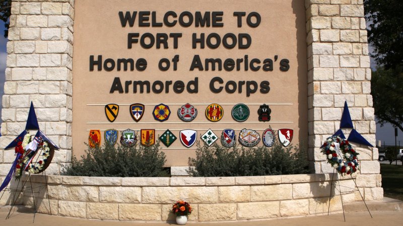 The main gate at the Fort Hood Army Base is seen on South Fort Hood Street in Killeen, Texas. Maj. Nidal Malik Hasan is charged with the deaths of 13 and 29 others wounded after a shooting spree at the Fort Hood army base on November 5. UPI/Robert Hughes