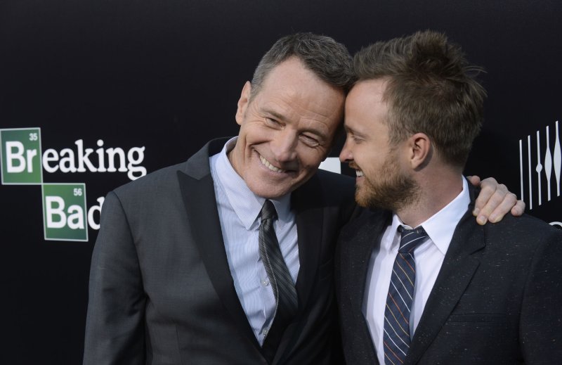 Bryan Cranston and Aaron Paul attend a premiere screening of the final episodes of the series "Breaking Bad" held at the Sony Studio lot in the Culver City section of Los Angeles on July 24, 2013. File photo by Phil McCarten/UPI