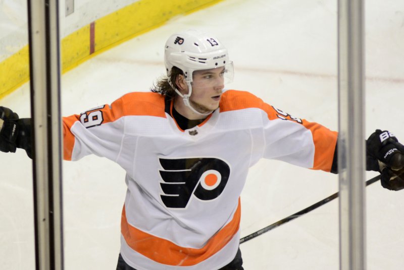 Philadelphia Flyers center Nolan Patrick (19) had two goals and two assists in a win against the Minnesota Wild on Monday in Philadelphia. Photo by Archie Carpenter/UPI