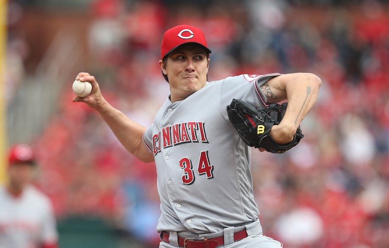 Cincinnati Reds starting pitcher Homer Bailey delivers a pitch to the St. Louis Cardinals in the sixth inning at Busch Stadium in St. Louis on April 21, 2018. St. Louis defeated Cincinnati 4-3. Photo by Bill Greenblatt/UPI | <a href="/News_Photos/lp/dc51c6cd466f214ffe0d6c2a9feba94f/" target="_blank">License Photo</a>