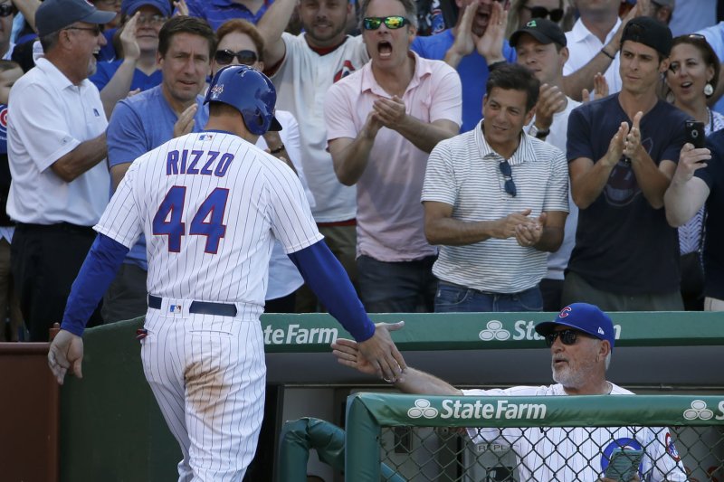 Chicago Cubs' Anthony Rizzo celebrates with manager Joe Maddon after scoring. File photo by Kamil Krzaczynski/UPI