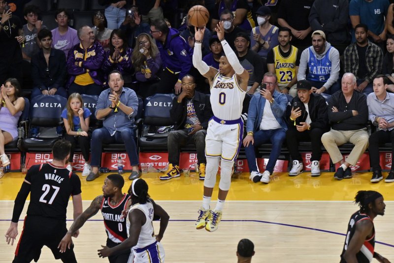 Los Angeles Lakers guard Russell Westbrook attempts a 3-pointer against the Portland Trail Blazers on Sunday at Crypto.com Arena in Los Angeles. Photo by Jim Ruymen/UPI | <a href="/News_Photos/lp/446b445a5a6379ab2ed7b4dd42c91b59/" target="_blank">License Photo</a>