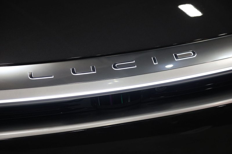 A close-up view of the front of a LUCID electric vehicle during the 2023 International CES, at the Las Vegas Convention Center in Las Vegas, Nevada on January 5. Lucid announced Tuesday it would cut about 18% of its workforce to cut costs amid weaker-than-expected demand for its vehicles. Photo by James Atoa/UPI