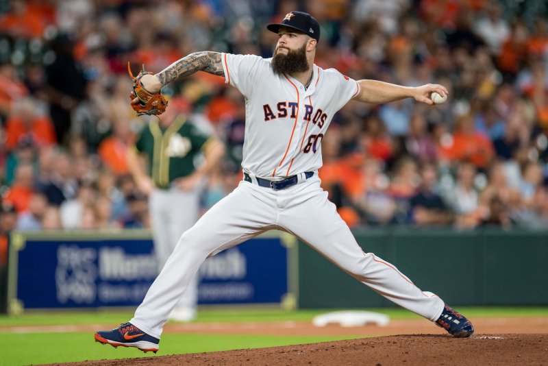 Houston Astros starting pitcher Dallas Keuchel pitches against the Oakland Athletics in the second inning on August 29, 2018 at Minute Made Park in Houston. Photo by Trask Smith/UPI | <a href="/News_Photos/lp/919295d335232dae70db80f67e096b93/" target="_blank">License Photo</a>