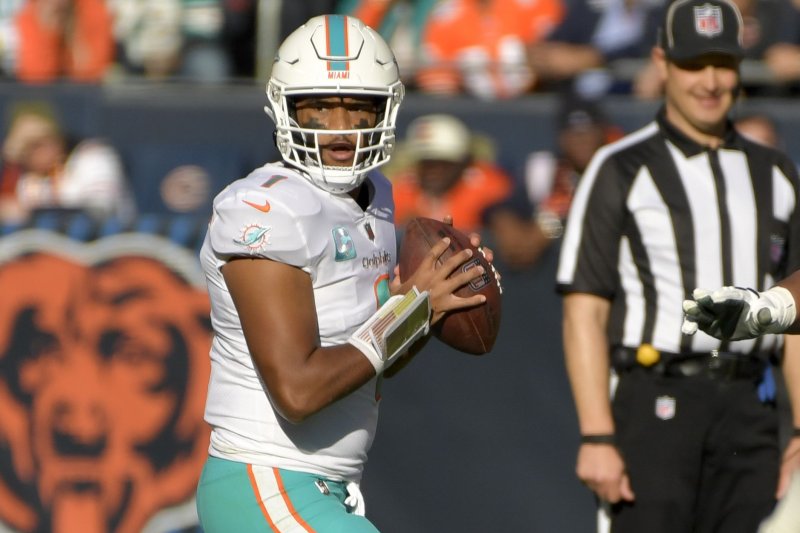 Miami Dolphins quarterback Tua Tagovailoa totaled 18 touchdown passes and just three interceptions through his first eight starts this season. File Photo by Mark Black/UPI