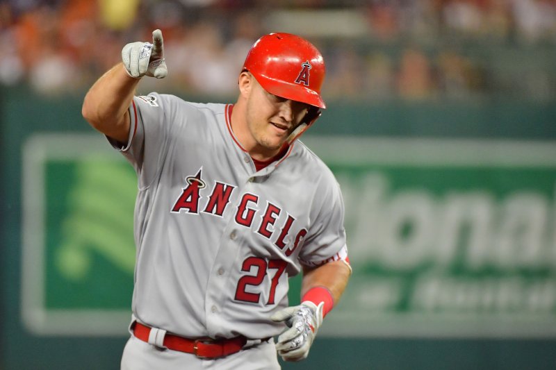 Los Angeles Angels outfielder Mike Trout is one home run shy of tying the MLB record for consecutive games with homer. File Photo by Kevin Dietsch/UPI | <a href="/News_Photos/lp/f884c595531c3852f152e809632b9df8/" target="_blank">License Photo</a>