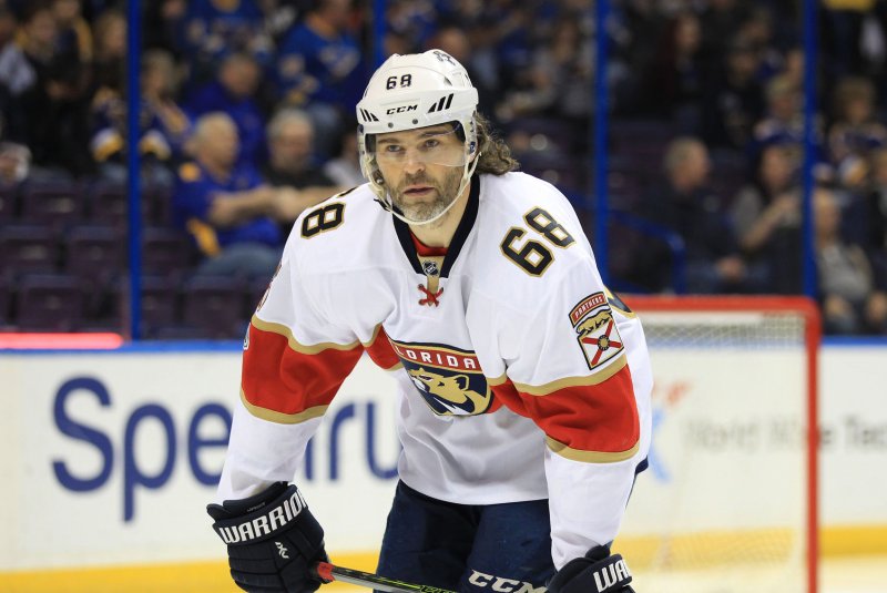 Florida Panthers Jaromir Jagr of the Czech Republic waits for the drop of the puck to start a game against the St. Louis Blues at the Scottrade Center in St. Louis on February 20, 2017. Photo by Bill Greenblatt/UPI